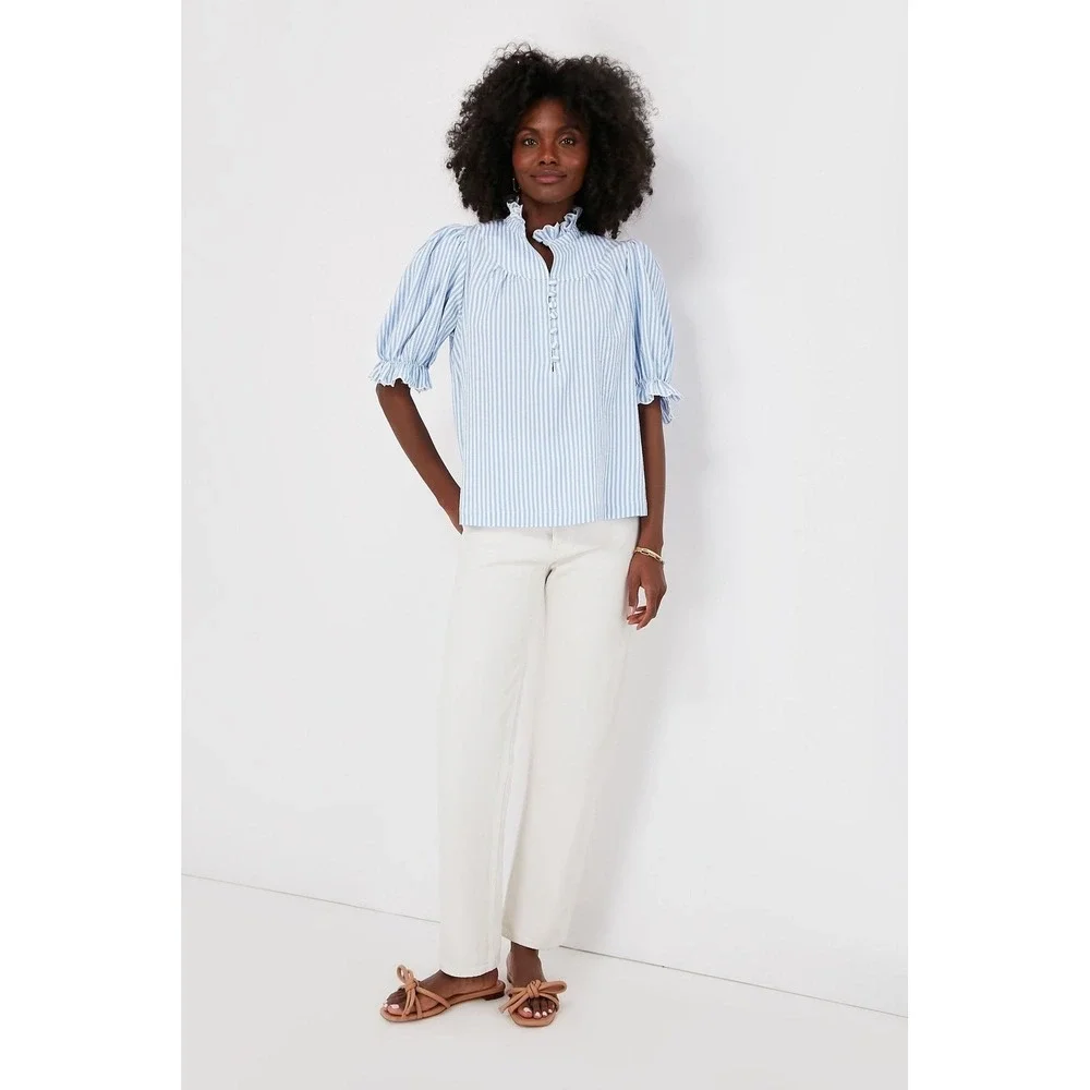 Pomander Place Selena Blouse Blue White Stripe Seersucker Puff Sleeve Top S NWOT